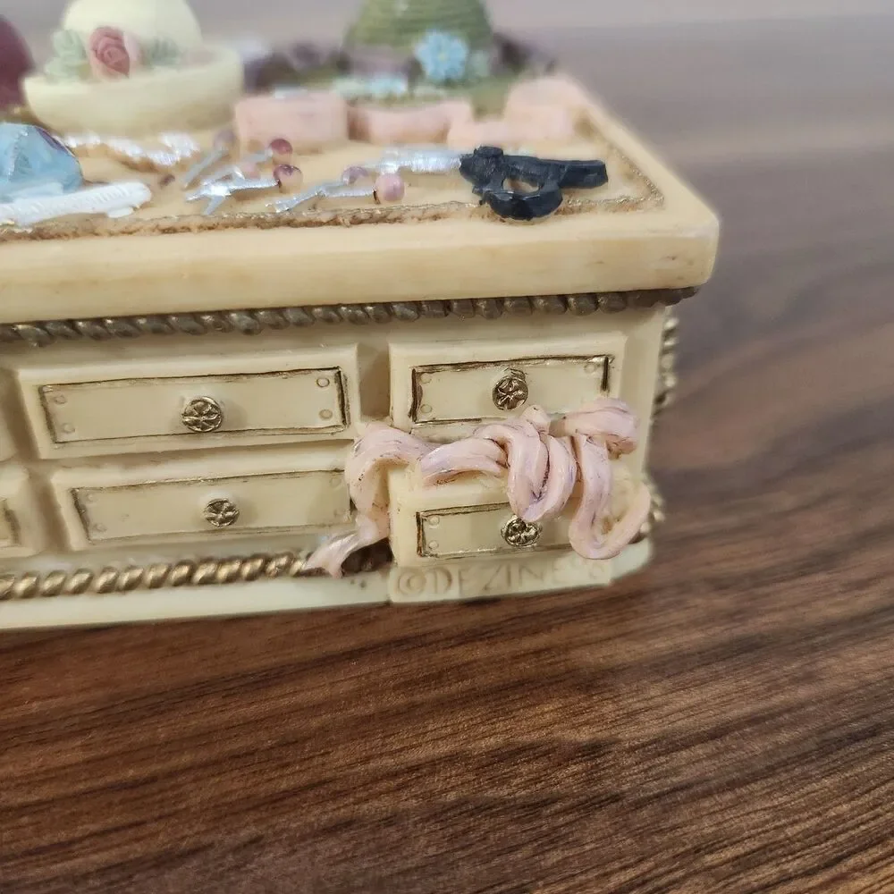 Dezine Vintage 1995 Hand Painted 3D Embossed Trinket Box Victorian Ribbons Hats